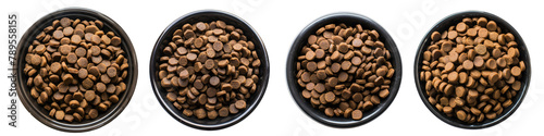 dog or cat food on black pet bowl top view isolated on white or transparent background png cutout clipping path photo