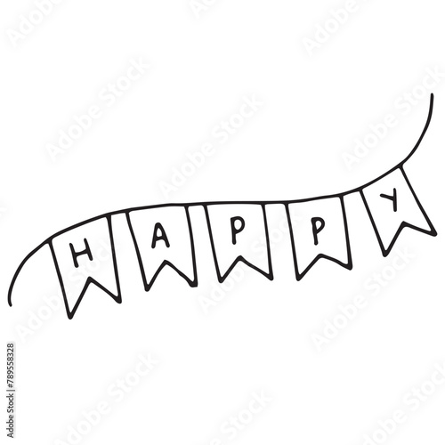 Simple doodle balck and white vector illustration sketch
line art birthday b-day flags with letters, word "happy"