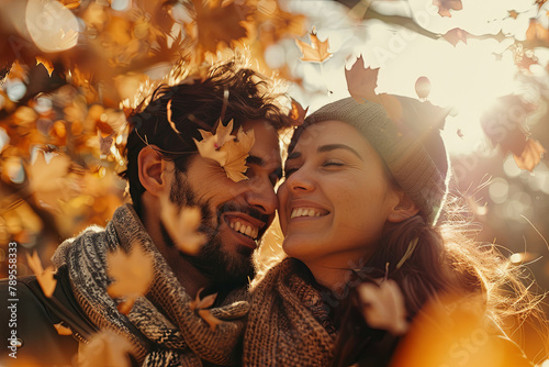A couple enjoying a cheerful moment in an autumnal park photo