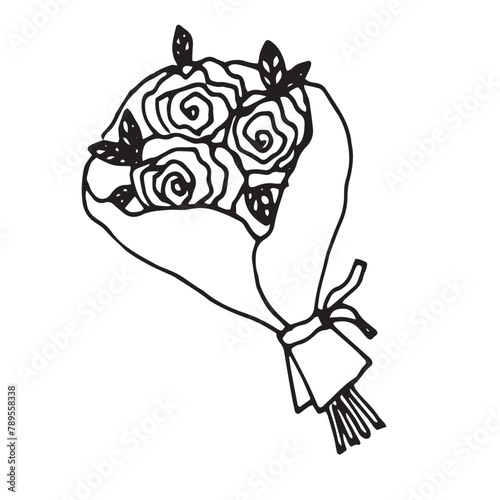 Simple doodle balck and white vector illustration sketch
line art birthday b-day bunch of rose flowers and leaves, party bouquet