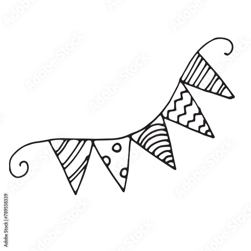 Simple doodle balck and white vector illustration sketch
line art birthday b-day flags with stripes, dots, waves