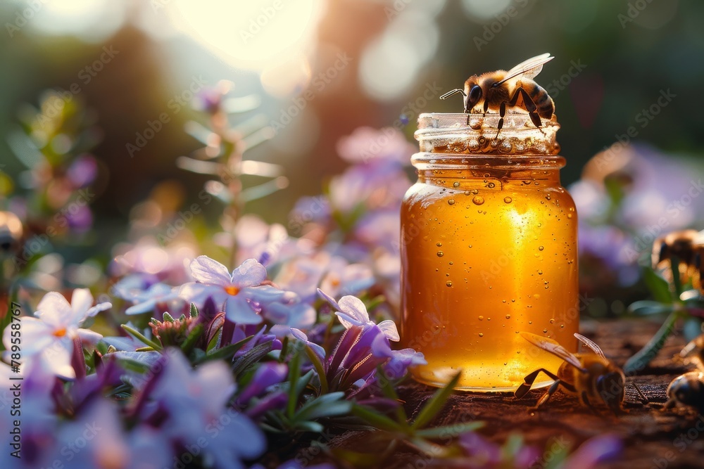 An enchanting scene featuring a translucent honey jar surrounded by purple flowers with bees, showcasing nature's sweetness An enchanting scene featuring a translucent honey jar surrounded by purple flowers with bees, showcasing nature's sweetness