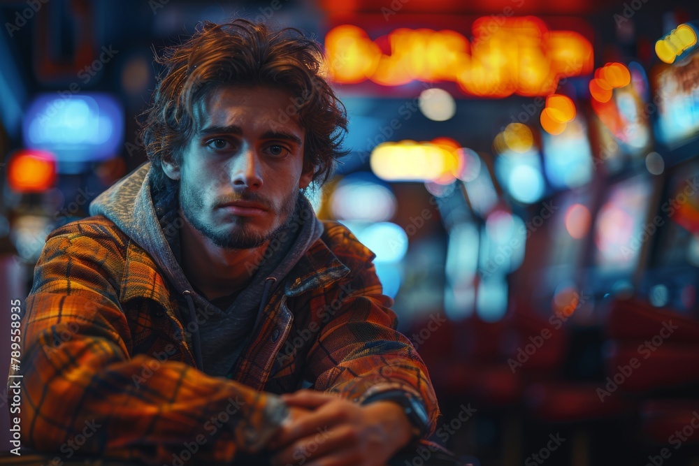 A thoughtful young man in a plaid shirt sits in a city with neon lighting at night, portraying urban loneliness