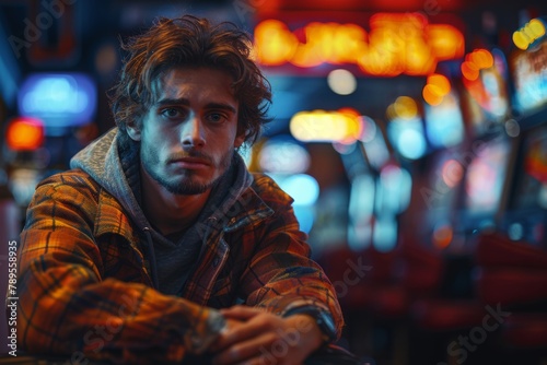 A thoughtful young man in a plaid shirt sits in a city with neon lighting at night, portraying urban loneliness