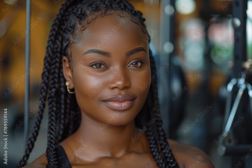 A serene African woman with braided hair poses in a gym, exuding confidence and strength A serene African woman with braided hair poses in a gym, exuding confidence and strength
