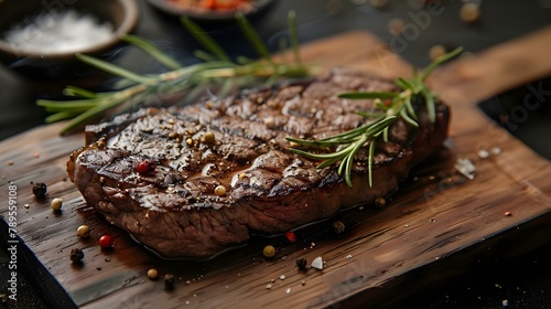 Succulent Grilled Steak with Rosemary and Spices. Concept Steak Cooking Techniques, Grilling Tips, Seasoning Ideas, Cooking with Herbs, Meat Lovers