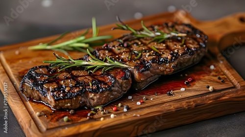 Succulent Grilled Steaks with Rosemary and Spices. Concept Summer BBQ, Grilling Techniques, Meat Cooking, Flavorful Seasonings, Easy BBQ Recipes