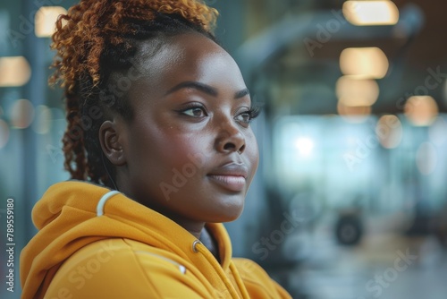 A focused African woman in an orange hoodie at the gym, conveying determination and fitness