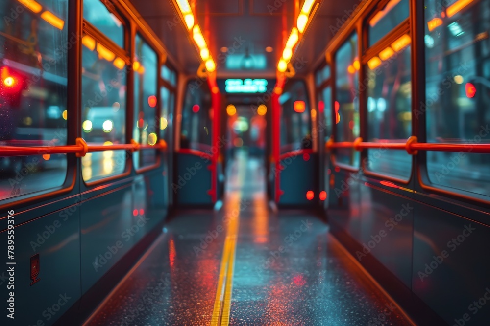 A view of an empty tram car's interior illuminated with neon lights at night, highlighting the modern urban transport
