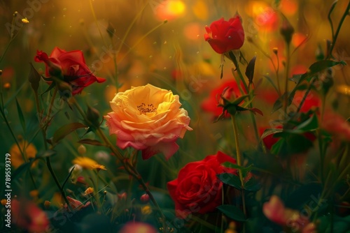 red , yellow, white and pink roses surrounded by green grass