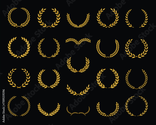 Photography Set of different golden silhouette laurel foliate and olive wreaths depicting an award, achievement, heraldry, nobility, emblem, logo