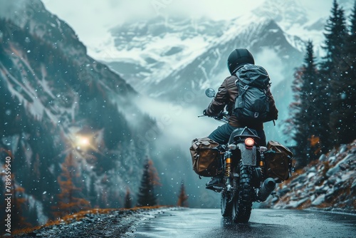 A solitary biker faces challenging weather, traversing a mountain road framed by a snowstorm and towering peaks photo