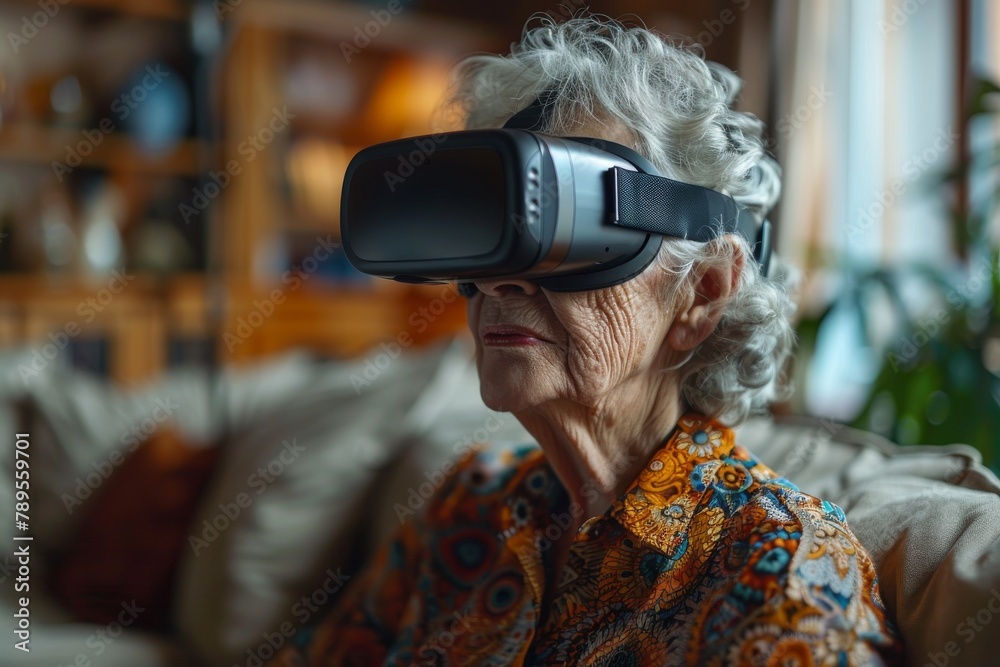 A senior woman explores the wonders of technology with a VR headset in a homely setting