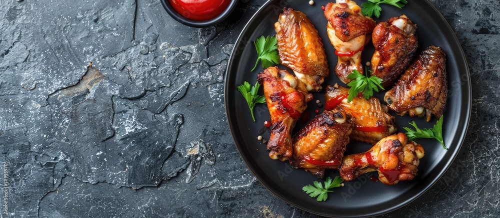 Spicy grilled chicken wings served with ketchup on a dark plate against a slate, stone, or concrete backdrop. Captured from above with space for text. Spicy grilled chicken wings served with ketchup on a dark plate against a slate, stone, or concrete backdrop. Captured from above with space for text.