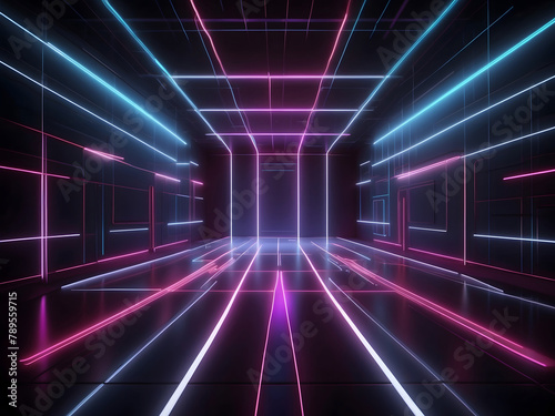 Abstract neon light geometric background. Glowing neon lines design. Empty futuristic stage laser. Colorful rectangular laser lines. Square tunnel. Night club empty room. Laser show design © Mahmud