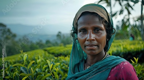 Portrait of a woman tea plucker smiling in Kericho's tea plantation. photo