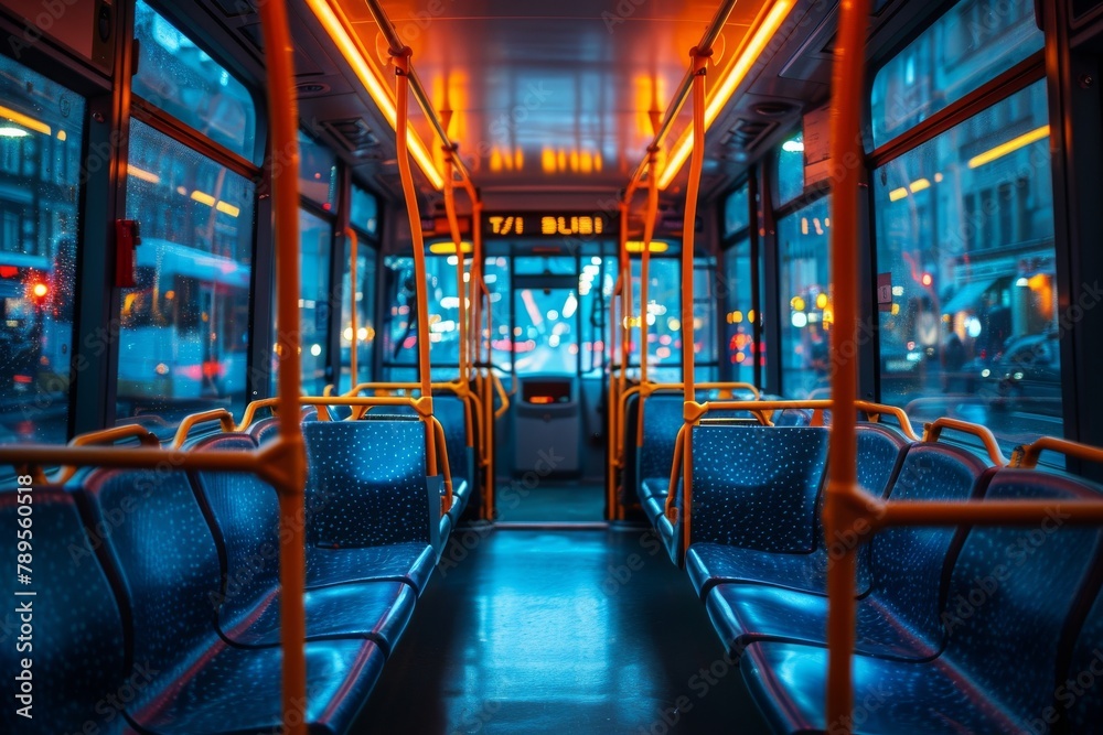 An empty subway car is illuminated by striking orange lights, conveying a sense of urban solitude and evening commute