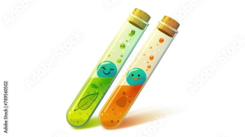 Illustration of two test tubes featuring cartoon mascots with cheerful smiles and contrasting sad expressions depicted in a 2d format and isolated against a white backdrop photo