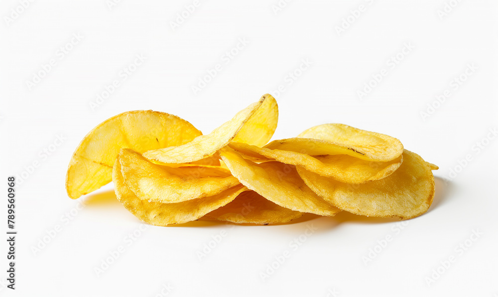 Photo of sliced potato chips on white background, studio shot (edited generative AI) Photo of sliced potato chips on white background, studio shot (edited generative AI)