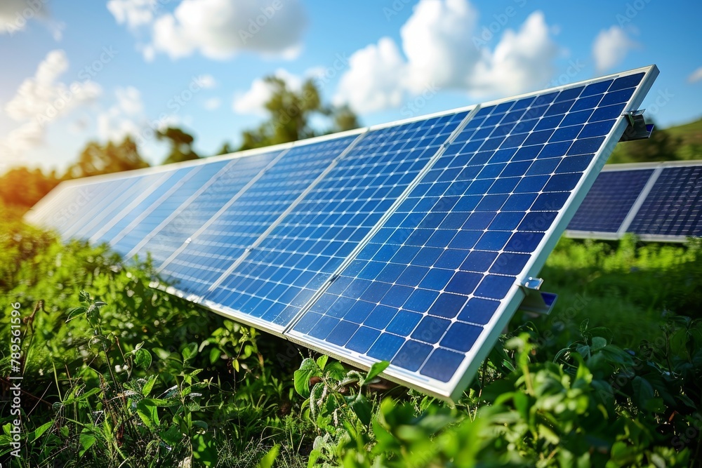 Large solar panel array standing tall in a green field, showcasing sustainable energy solutions and environmental conservation Large solar panel array standing tall in a green field, showcasing sustainable energy solutions and environmental conservation