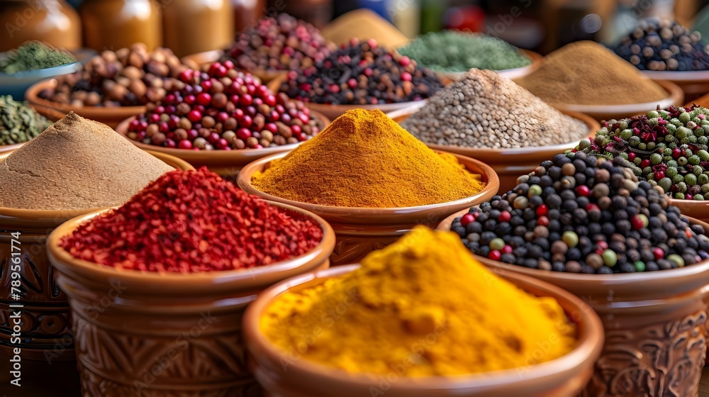 A Symphony of Spices Displayed in Eastern Market Harmony. Concept Food Photography, Spices Showcase, Local Market, Vibrant Colors