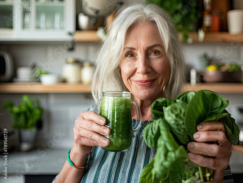 Attractive older woman making a smoothie. Detox green drink. Senior people healthy lifestyle, health care concept. Healthy vegetable food, vegan