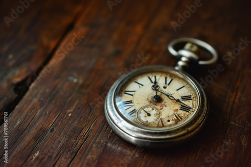 Gold vintage pocket watch on wood table. Concept of distorted time. Antique Old burning clock. Retro worn concept.