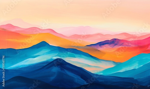 Craft a modern abstract artwork showcasing a panoramic mountain range at sunrise using acrylic paint, focusing on clean lines and vibrant colors