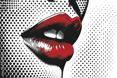 Halftone Pattern Retro Lips Laughing and Smiling. Female mouth laughing and smiling