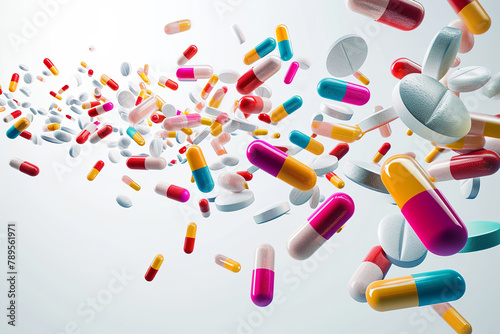 Many pills falling on white background. Capsules in air. Antidepressant and vitamin-themed flying pills especially ascription capsules photo