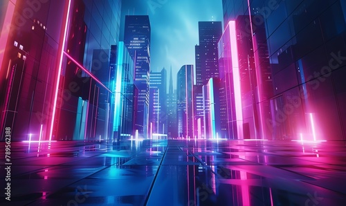 Craft a striking modern aesthetic using CG 3D rendering techniques Capture a wide-angle view of a futuristic urban landscape with sleek buildings and neon lights