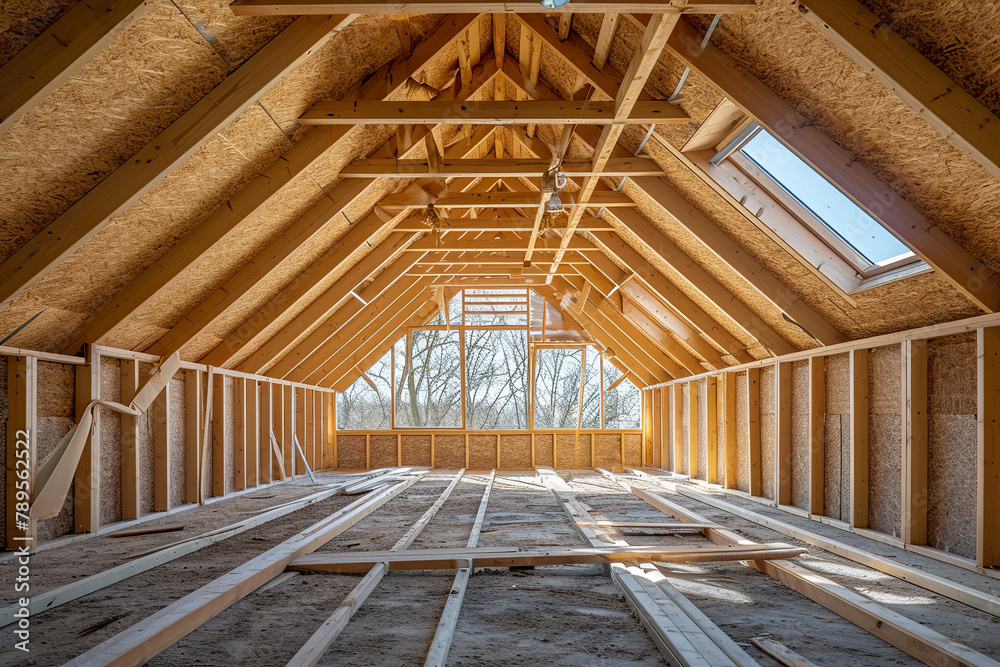 Fototapeta premium New residential construction home framing, Frame of the wooden house. The House on stilts. Summer, suburban construction