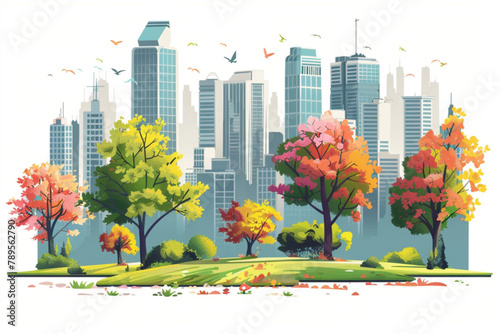 Landscape of a city park on a sunny summer or autumn day against the backdrop of the buildings of a big city 3D avatars set vector icon, white background, black colour icon