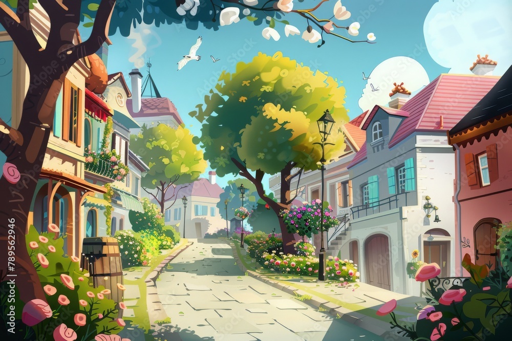 Charming cartoon street with colorful houses, blooming flowers, and lush trees on a sunny day, evoking a serene and welcoming neighborhood