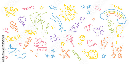 Doodle Summer children elements collection. Colorful abstract happy time illustration. Simple cartoon art drawing. Cute kids holidays background. Outline kite, sweets, sun, rainbow
