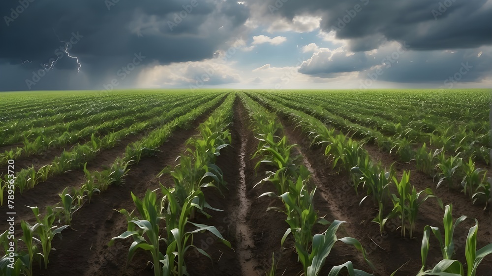 A photorealistic depiction of a field of corn with young corn plants ...