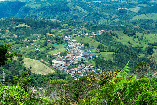 Panorama of the colonial village, pueblo, of Jerico, Jericó, Antioquia, Colombia, in the Andes Mountains. From the Cerro las Nubes, Mount of the Clouds.