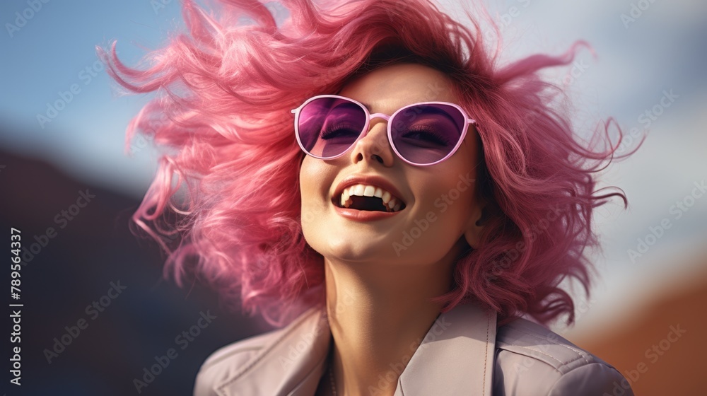Radiant Young Woman with Vivid Pink Hair and Stylish Sunglasses Outdoors Radiant Young Woman with Vivid Pink Hair and Stylish Sunglasses Outdoors