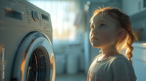 Curious Toddler Observing Washing Machine at Home photo