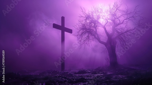 Mysterious Purple Haze at Twilight with Silhouetted Cross and Tree