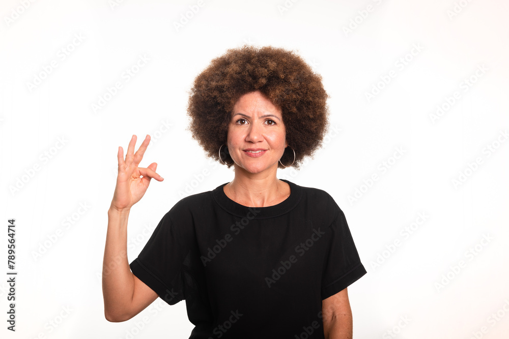 Female interpreter of the Brazilian sign language, Libras, making the letter F. Female interpreter of the Brazilian sign language, Libras, making the letter F.