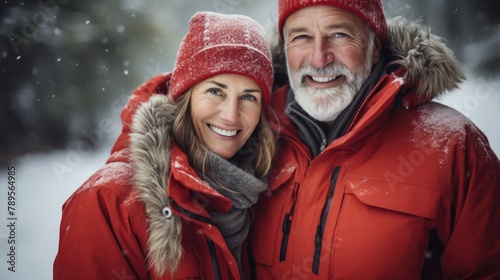 Senior Couple Enjoying Snowfall in Winter Apparel