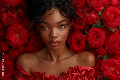An ethereal black woman with loose curls rests among vivid red roses, her gaze captivating with an air of mysterious allure, symbolizing celebration Valentine's Day