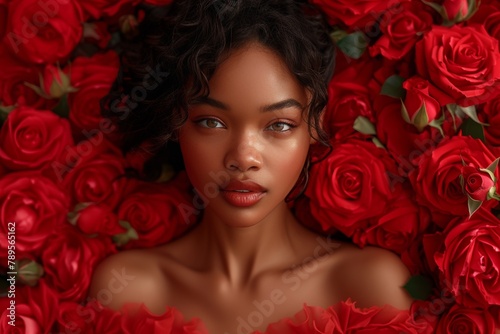 Afro-american dreamy-eyed woman with curly hair is nestled in a vibrant sea of crimson roses, evoking romantic and dreamlike vibes, symbolizing celebration Valentine's Day