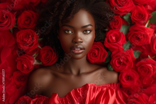 An exquisite young black woman with afro-textured hair emerges from a canvas of scarlet roses, evoking elegance and passion, symbolizing celebration Valentine's Day