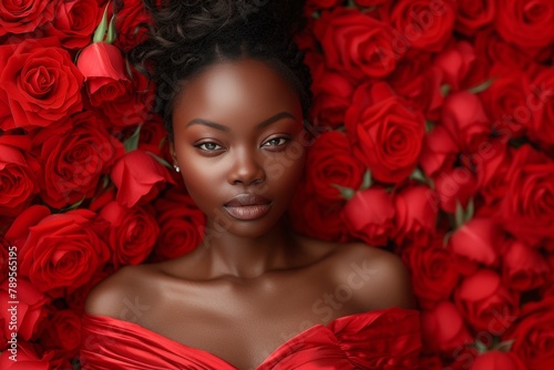 Afro-american poised young woman with updo hair is framed by a lush surround of deep red roses, creating a striking contrast, symbolizing celebration Valentine's Day