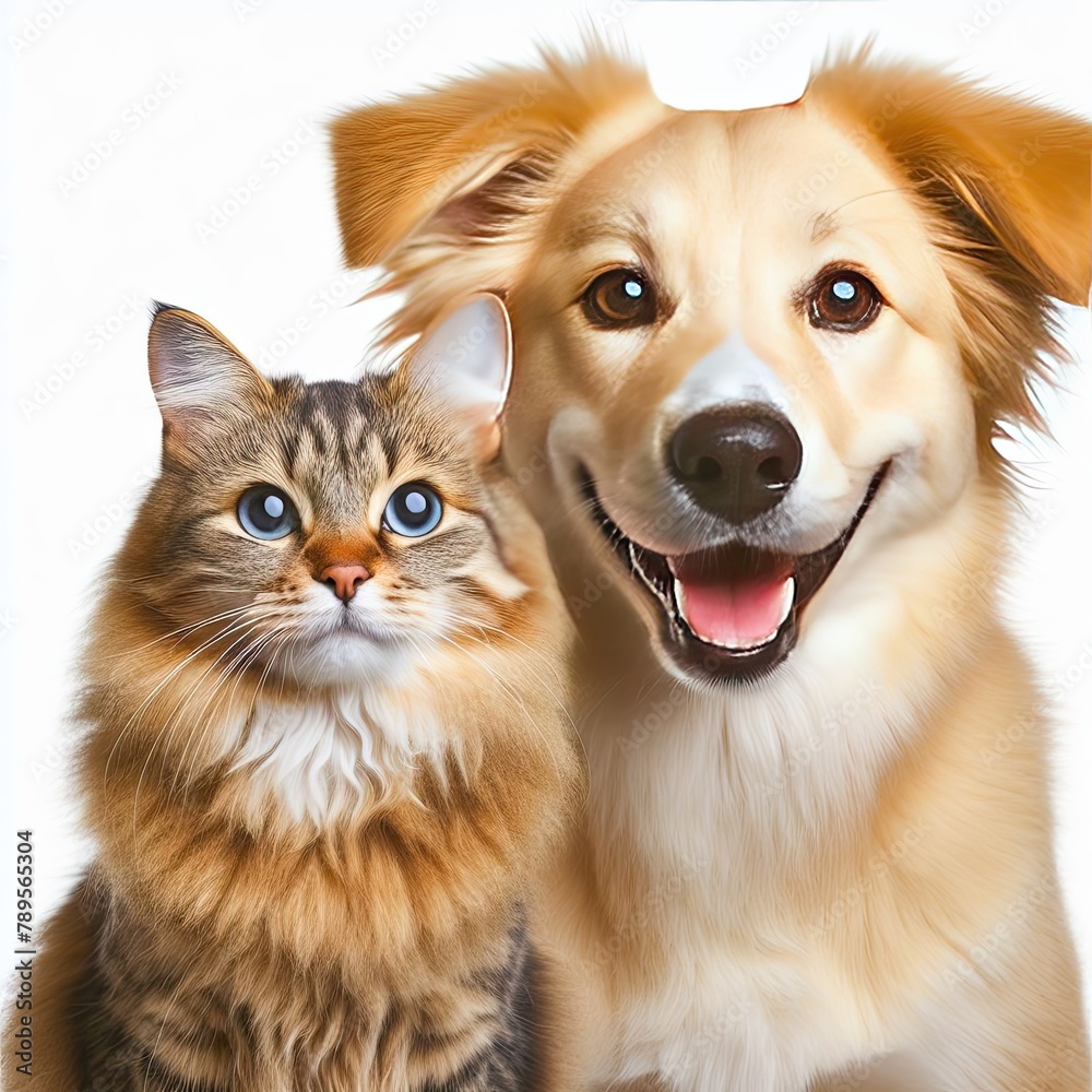 Portrait of Happy dog and cat that looking at the camera together isolated on a white background