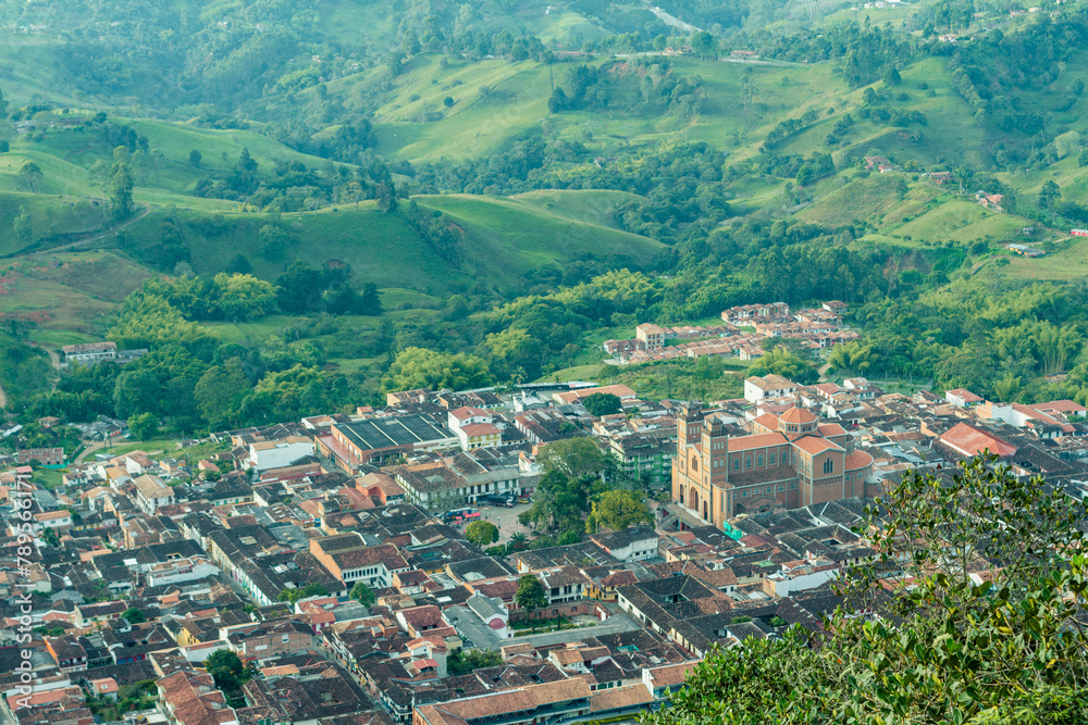 Panorama of the colonial village, pueblo, of Jerico, Jericó, Antioquia, Colombia, in the Andes Mountains. From the Cerro las Nubes, Mount of the Clouds.