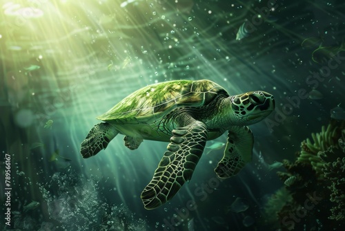Green Sea Turtle Swimming in the Ocean © RGShirtWorks 
