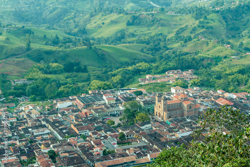 Panorama of the colonial village, pueblo, of Jerico, Jericó, Antioquia, Colombia, in the Andes Mountains. From the Cerro las Nubes, Mount of the Clouds. © Bruno